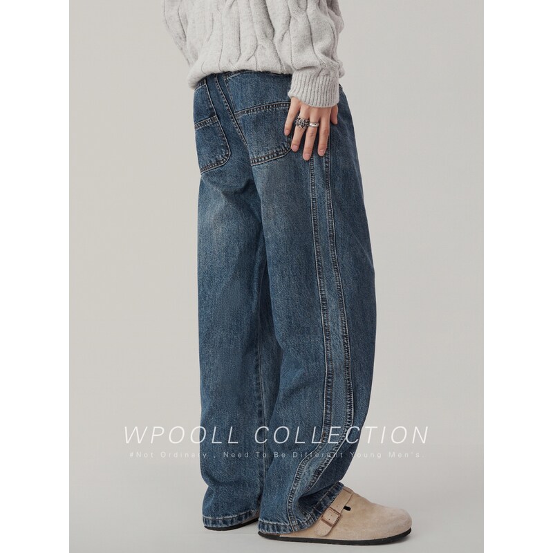 复古直筒加绒加厚牛仔裤男士秋季美式潮牌蓝色cleanfit宽松长裤子