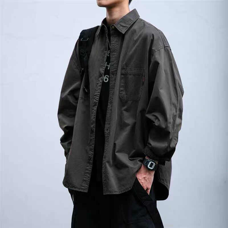 日系复古抗皱肌理感轻薄工装长袖衬衫男女秋冬基础款寸衣外套潮