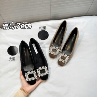 小个子增高7cm水钻方扣绒面羊皮粗跟单鞋 女通勤不累脚方头高跟鞋