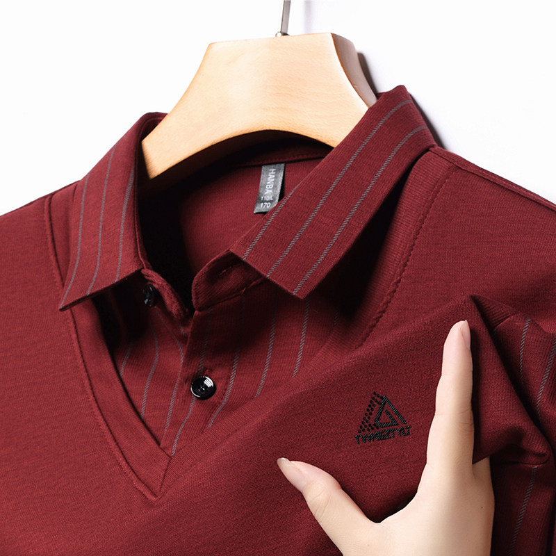 男士长袖T恤中年喜爸爸春秋装polo衫结婚宴装公公红色本命年上衣