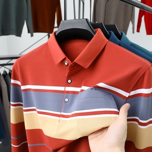 中年男士条纹长袖T恤纯棉polo衫爸爸春秋装翻有带领真口袋上衣服