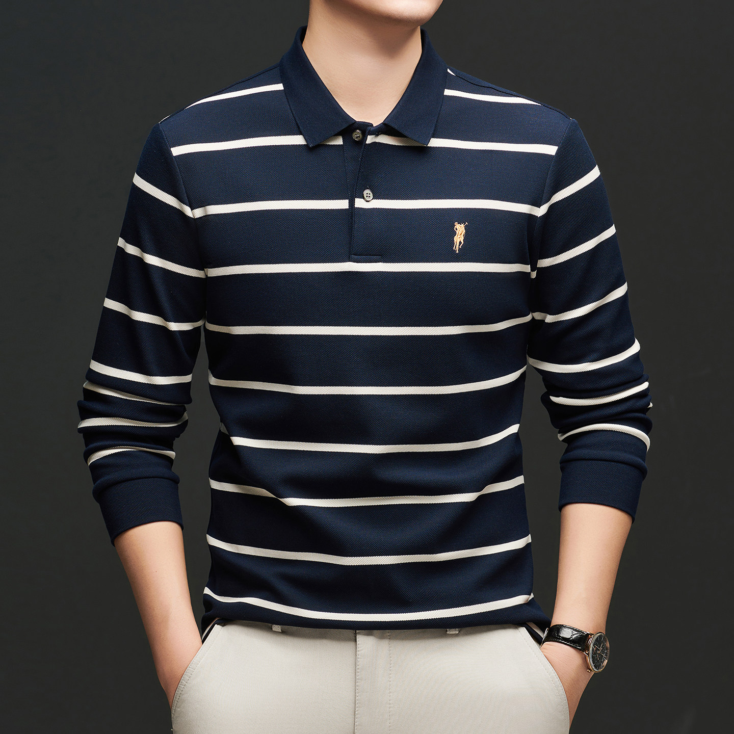 长袖t恤男春秋季新款中年条纹商务休闲翻领丝光棉高端POLO衫