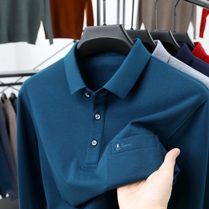 【真口袋】中年男士长袖T恤爸爸春秋装新款上衣服翻有带领polo衫