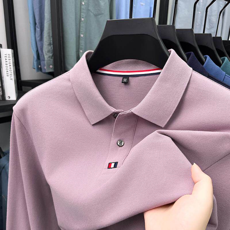 2025男士春秋季长袖T恤纯棉翻领中年爸爸装上衣粉色显年轻polo衫