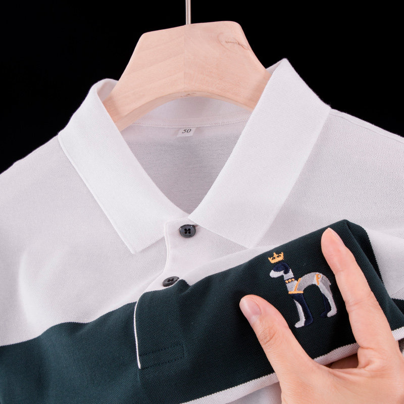 男士短袖t恤polo衫纯棉中年爸爸夏装上衣服条纹战马刺绣