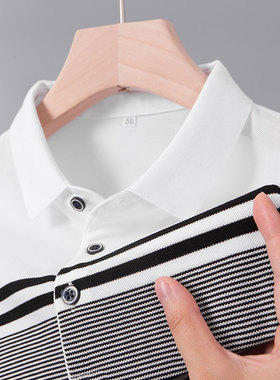 男士POLO衫短袖t恤p0lo中年爸爸夏装黑白条纹冰丝plol上衣服poole