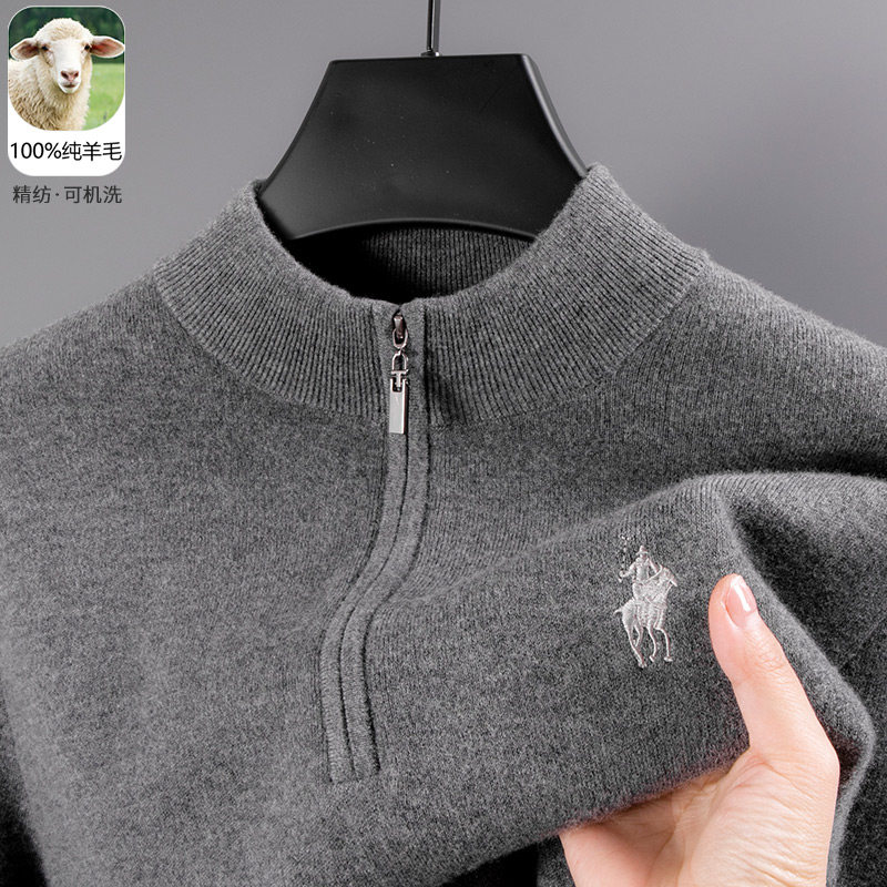 【精纺100纯羊毛】男士秋冬季半拉链高领毛衣爸爸装打底羊毛衫