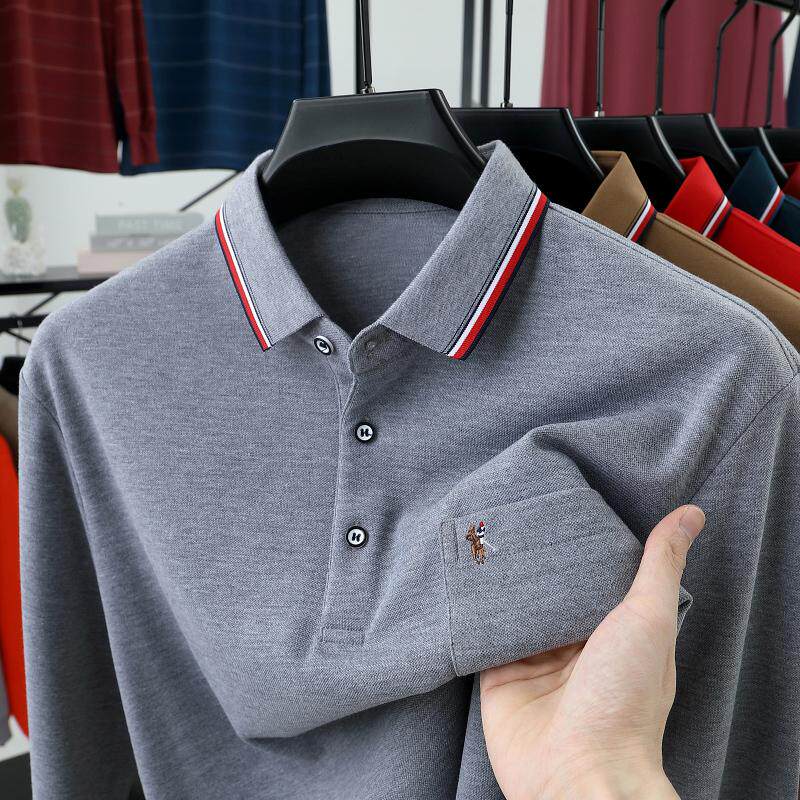 男士春秋季高档简约长袖T恤翻有带领真口袋POLO衫中年爸爸装上衣