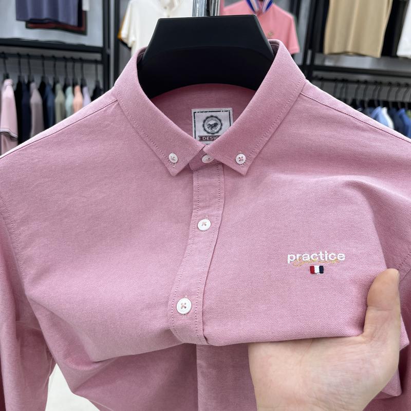 男士春秋季粉色长袖衬衣中年爸爸装纯色100%全棉衬衫显年轻上衣服