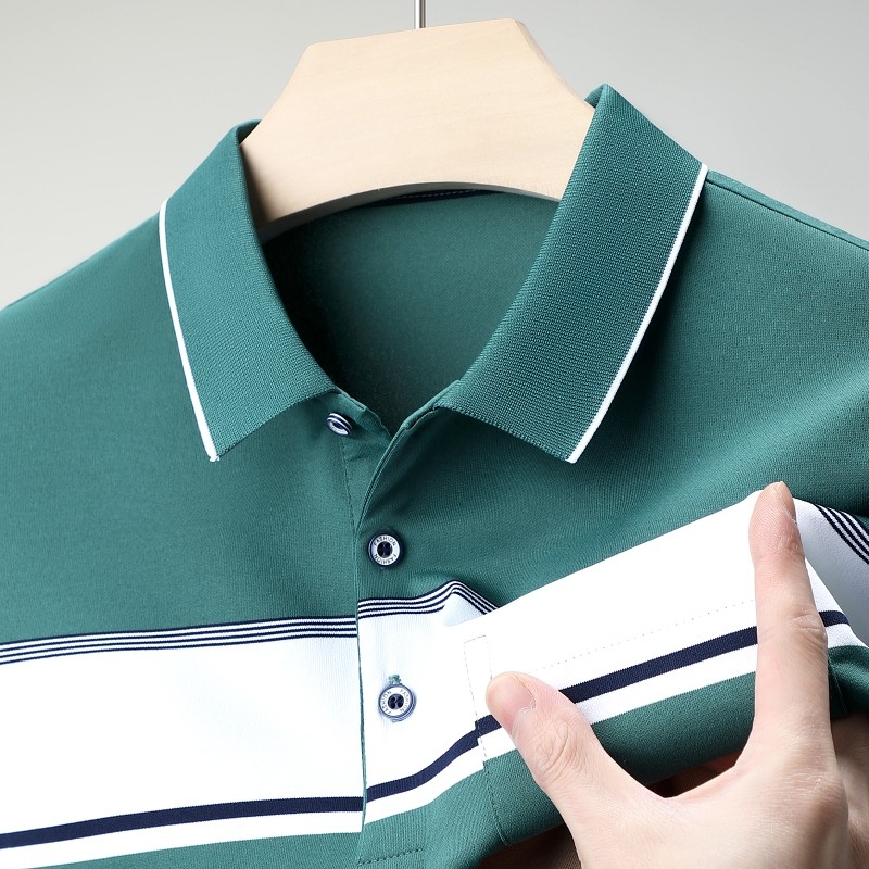 男士夏季POLO衫短袖t恤条纹中年爸爸装冰丝有带口袋翻有带领上衣
