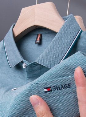 男士polo衫短袖t恤poli有带口袋中年pro冰丝p0lo上衣por爸爸夏装