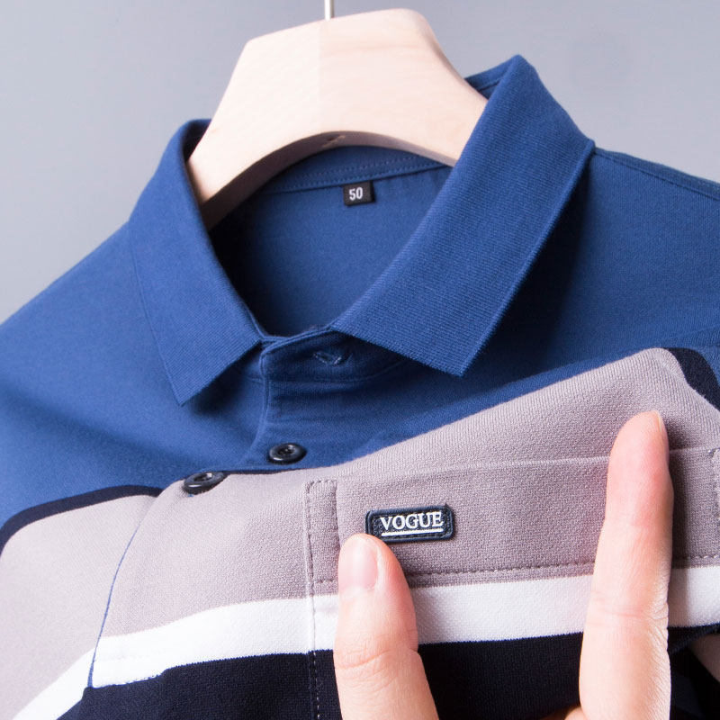 中年爸爸春秋装新款上衣男士长袖T恤条纹有衬衣领带口袋polo衫