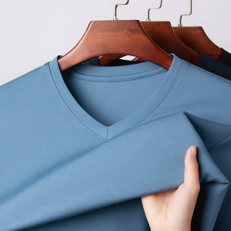 桑蚕丝~莫代尔2025春秋季新款男士长袖T恤爸爸装V领polo衫上衣服