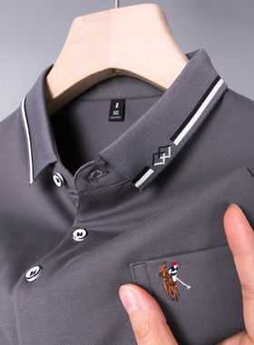 男士短袖T恤爸爸夏装有带口袋冰丝光棉天丝polo衫父亲上衣服plol