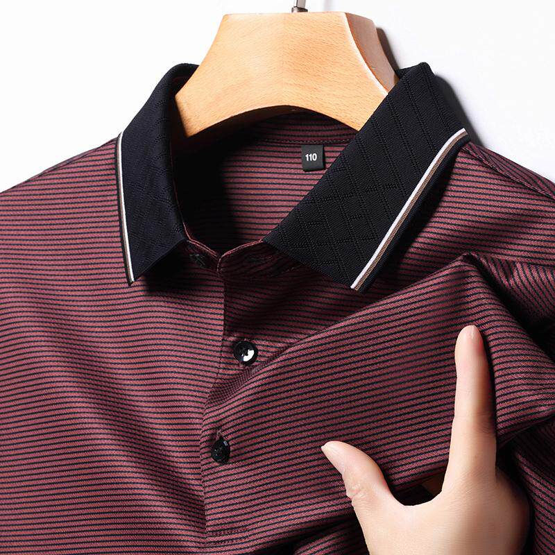 中年男士POLO衫红色短袖t恤翻有带领爸爸夏装本命年冰丝条纹上衣