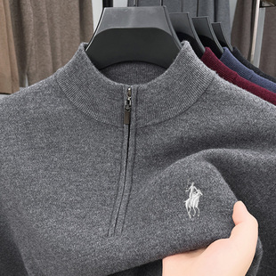 【精纺100羊毛可机洗】爸爸装毛衣秋冬季半高领拉链打底羊毛衫男