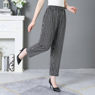 新款 棉麻休闲裤 子大码 经典 九分裤 夏季 宽松高腰直筒裤 黑白条纹女裤