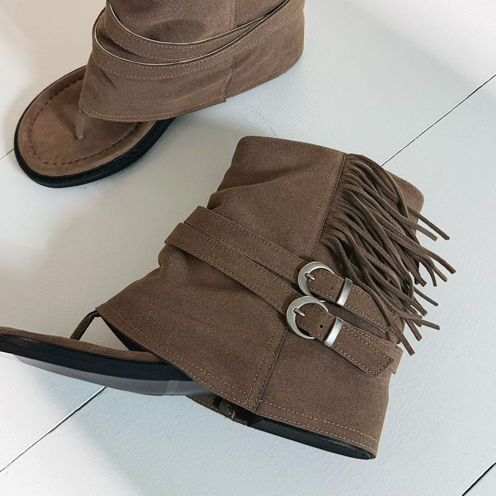 苏木槿小众个性复古磨砂流苏夹趾坡跟短靴子罗马凉靴子2026东大门