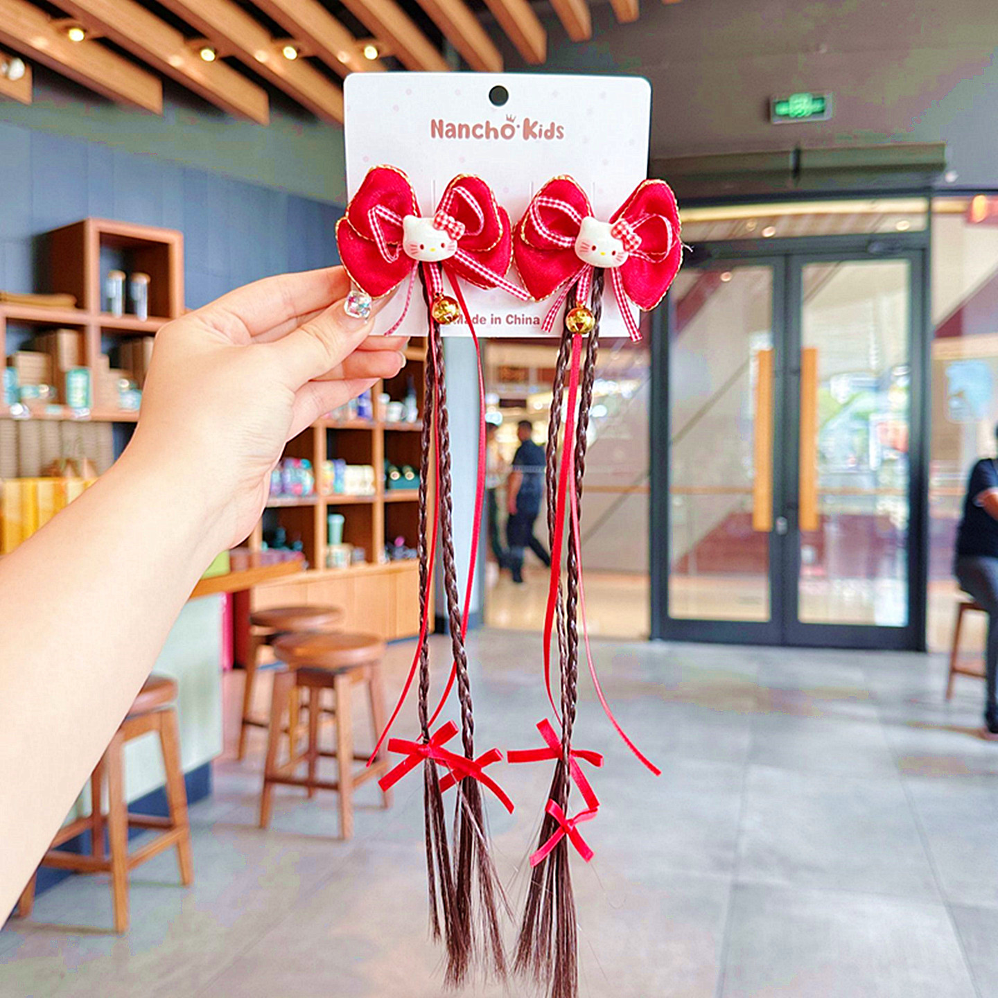 新年发饰儿童假发辫子超萌kitty流苏发夹可爱小女孩红色过年头饰