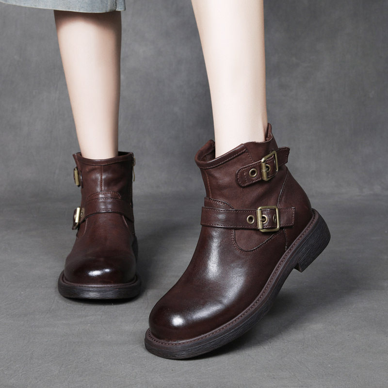 2026春秋季新款头层牛皮皮带扣方跟真皮拉链擦色马丁女鞋百搭单靴