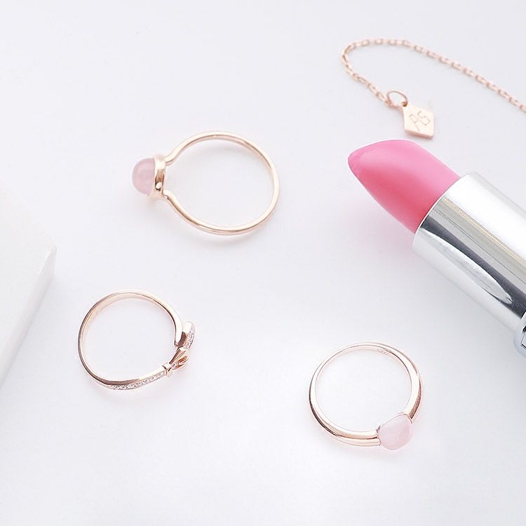 粉色水晶圆宝戒指女S925纯银复古简约母亲节送女友妈妈生日礼物