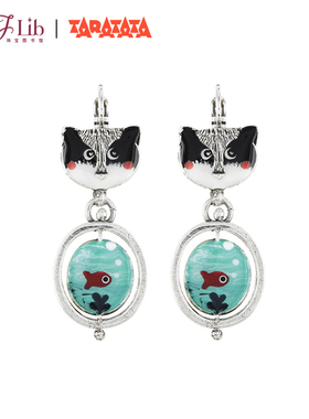 法国TARATATA小猫吃鱼耳环女士可爱旋转双面耳饰锡镀纯银珐琅耳钉