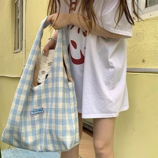 韩系手提袋ins格子帆布包女休闲百搭托特包大容量上课通勤单肩包