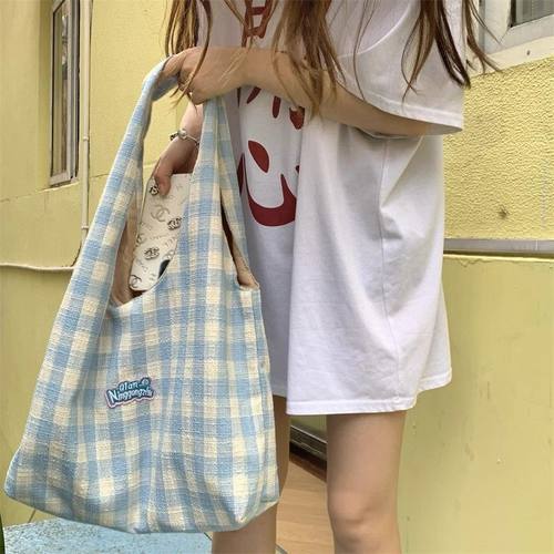 韩系购物袋清新格子帆布包