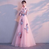 优雅晚会主持人女修身 粉色时尚 显瘦宴会刺绣 2021新款 晚礼服裙长款