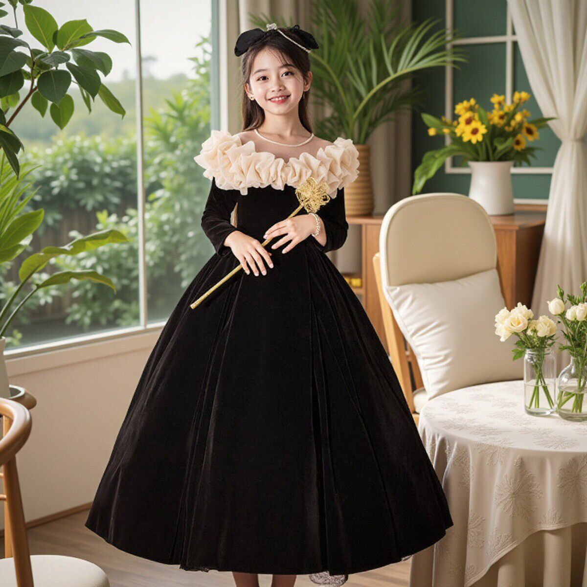 黑色儿童礼服裙丝绒长袖