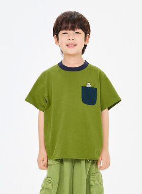 童装短袖T恤飞奔小熊2026夏季新品男童口袋小怪兽刺绣休闲T恤衫