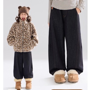 【毛绒小熊】加绒弯刀牛仔裤时尚百搭保暖裤子女童2025冬季新款