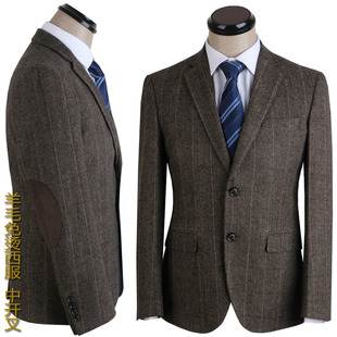 断码处理男士西服商务休闲棕色条纹羊毛外套单西便服开衩西装悠闲