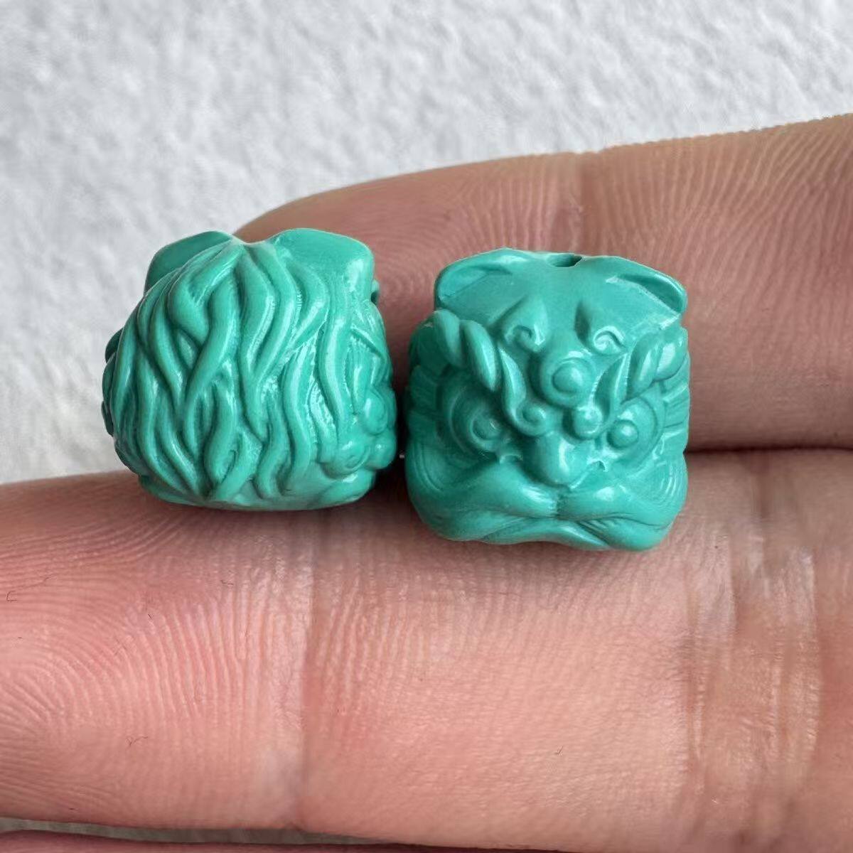 绿松石醒狮配珠通孔手串配饰diy手工配件精工雕刻湖北原矿文玩