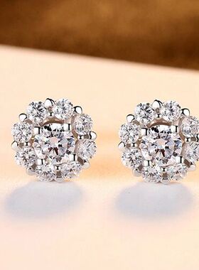 pt950铂金镶莫桑石满钻超闪圆形耳钉耳环女人花l耳饰女百搭防过敏