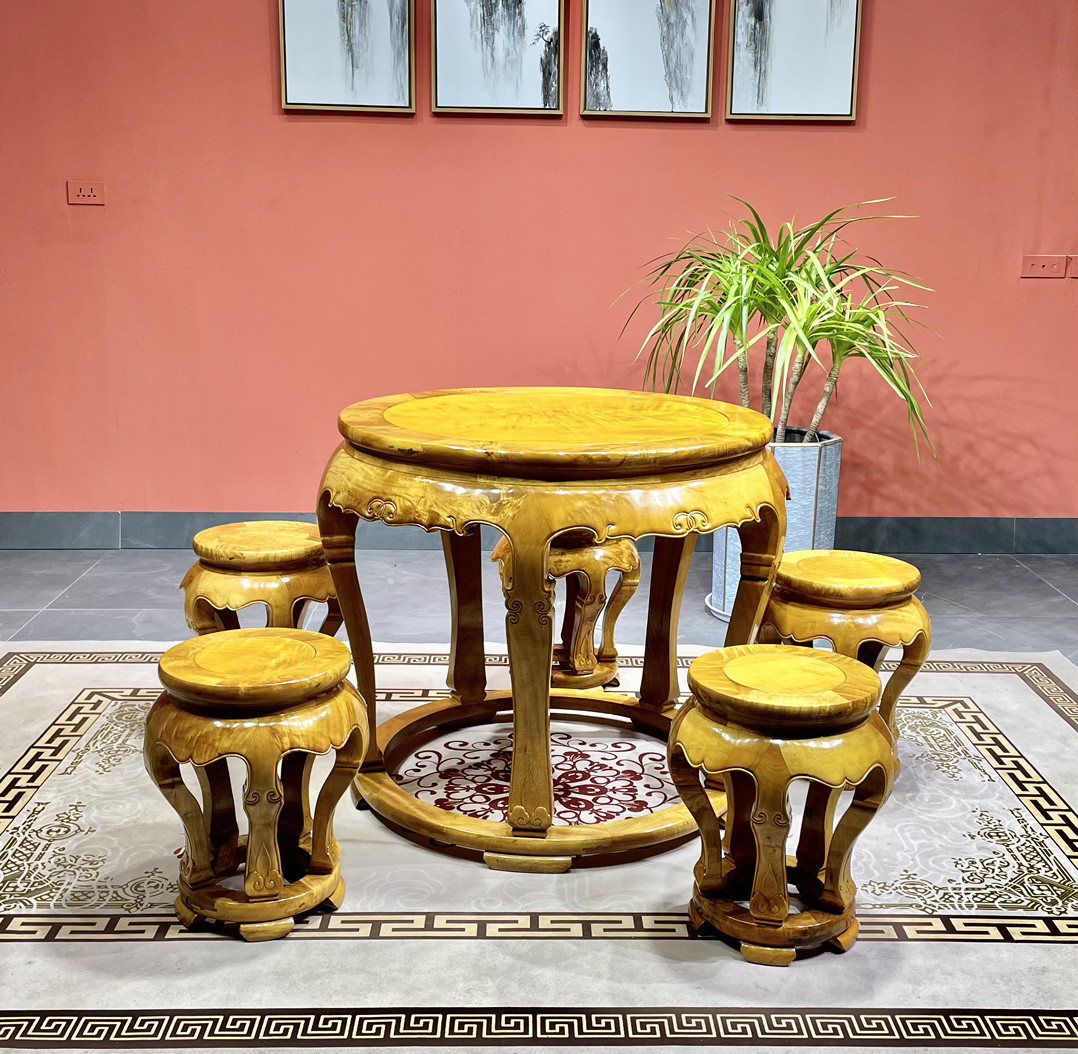 名贵金丝楠木实木圆桌家用小户型客厅休闲桌椅新中式圆台家具组合