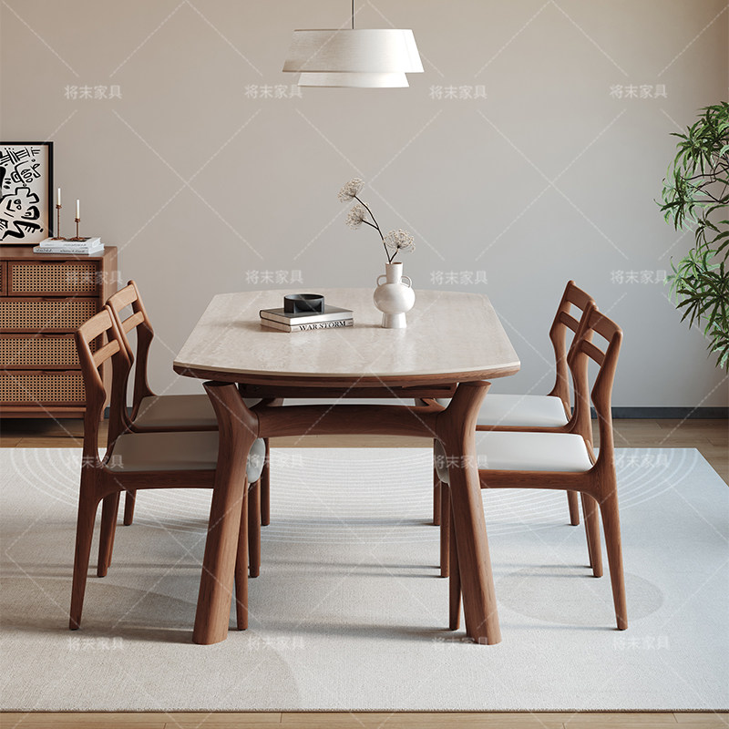 将末宋代美学加厚六根白蜡木轨道洞石岩板折叠款简约风高品质餐桌