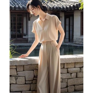 高級感襯衫 西裝 夏季 直筒褲 通勤風(fēng)兩件套女 法式 氣質(zhì)女神范高端套裝