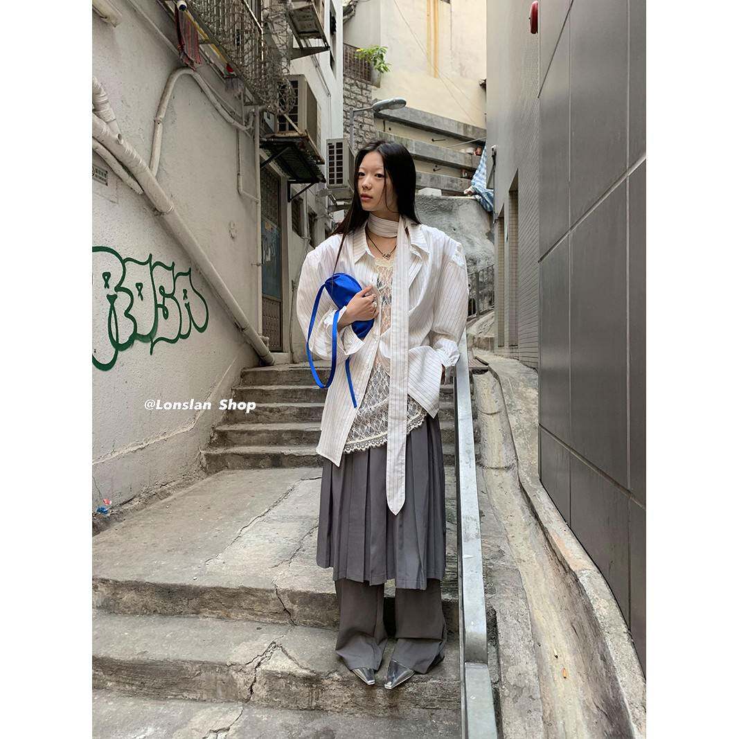 LONSLAN 小众设计宽松叠穿阔腿拖地假两件西装百褶裙半身裙长裙女