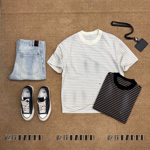 2026春季潮 条纹圆领短袖T恤男士涂鸦大版落肩半袖打底衫内搭9500