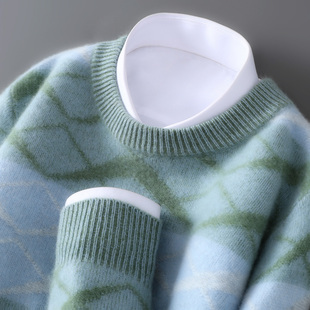 青少年羊绒衫男初中高中学生拼色条纹青年羊毛衫圆领加厚打底毛衣