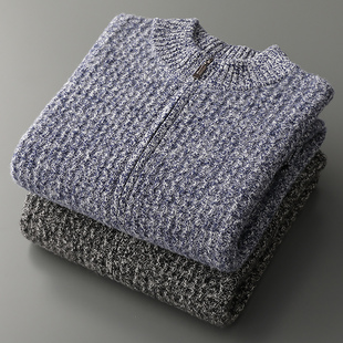 秋冬季新款羊绒衫男半高领拉链开衫青年羊毛衫双股线加厚针织毛衣