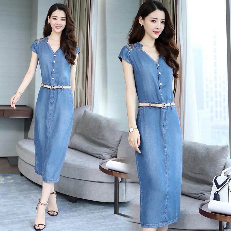 牛仔连衣裙女长裙短袖2019夏装新款女装休闲海滩风时尚牛仔裙女潮在类目 女装/女士精品, 连衣裙中 - 来自Buy2taobao.com提供专业的淘宝代购服务