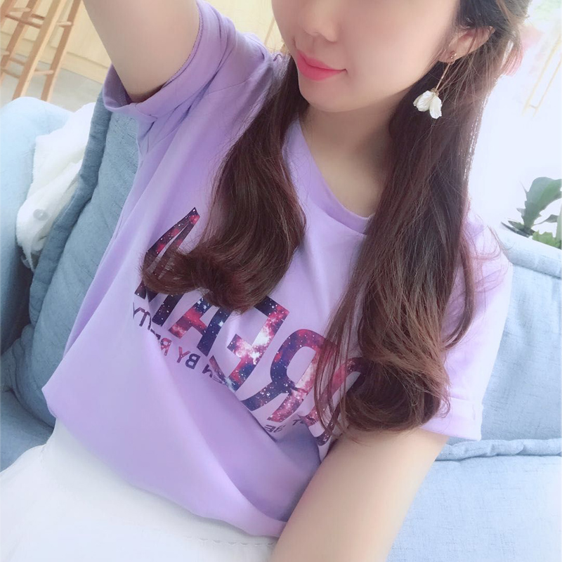 2018夏装新款韩范宽松显瘦纯棉粉色半袖ins香芋淡紫色短袖t恤女潮