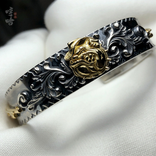 哼哈手工定制金狗头凸唐草手镯美式复古阿美卡叽潮流饰品原创设计
