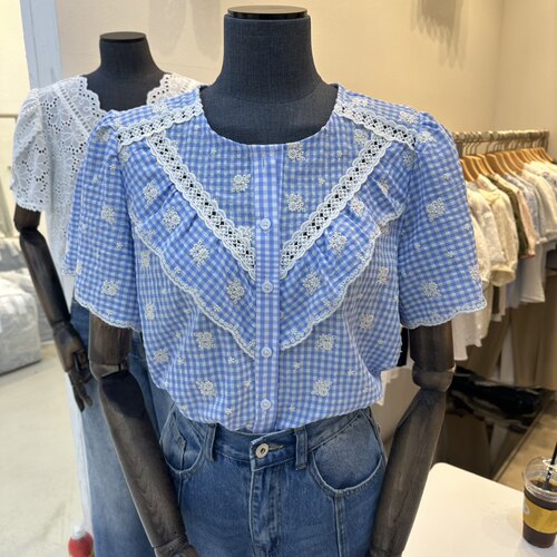 2nd B-S韩国直邮㊣女士新品休闲人气热卖时尚衬衫刺绣格子