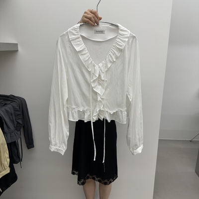 ENHANCE/HOPESMORE韩国代购㊣女士新品真品衬衫荷叶边短款