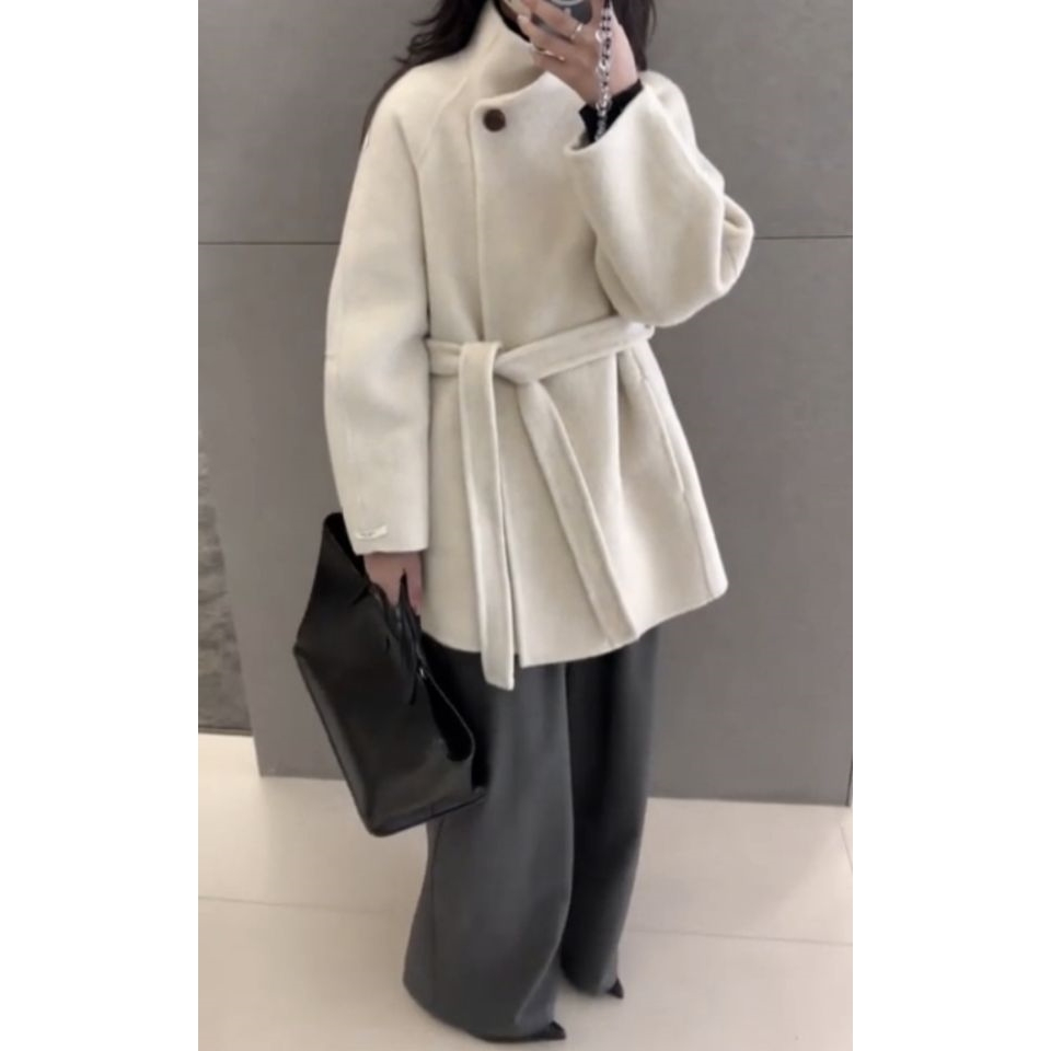 FEMME韩国代购㊣女装新品休闲真品推荐中长款大衣含腰带手工