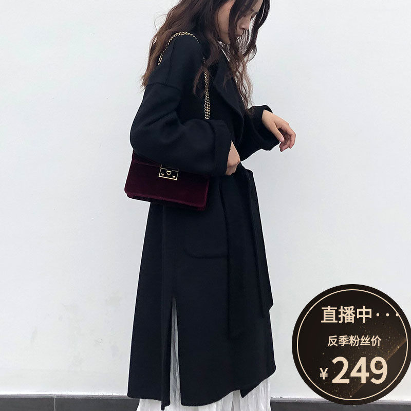 2020秋冬季流行新款双面羊绒大衣女中长款显瘦宽松黑色羊毛呢外套