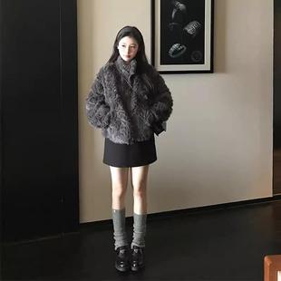 小个子立领皮毛一体外套女厚高级感小香风环保皮草毛茸茸上衣冬季